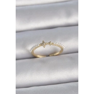 Pirinç Gold Renk Zirkon Taşlı Yıldız Sıralı İncili Ayarlanabilir Model Kadın Yüzük