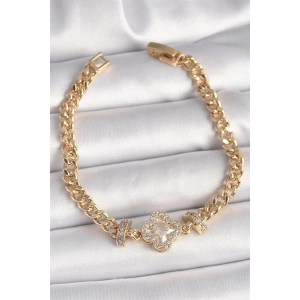 Pirinç Gold Renk Zirkon Taşlı Yonca Figür Zincir Model Kadın Bileklik