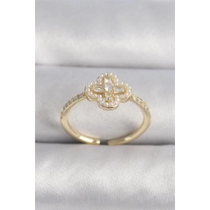 Pirinç Gold Renk Zirkon Taşlı Yonca Model İnci Detay Kadın Yüzük