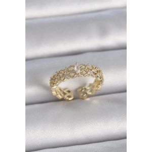 Pirinç Gold Renk Zirkon Taşlı Zikzak Ayarlanabilir Model Kadın Yüzük
