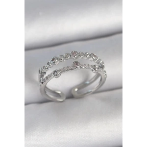 Pirinç Gümüş Renk 2Li Zirkon Taşlı Ayarlanabilir Model Kadın Yüzük