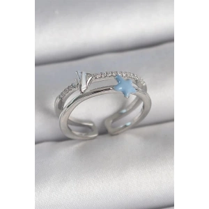 Pirinç Gümüş Renk 2Li Zirkon Taşlı Mavi Yıldız Figür Ayarlanabilir Kadın Yüzük