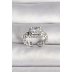 Pirinç Gümüş Renk Ayarlanabilir Zincir Kare Zirkon Taşlı Kadın Yüzük