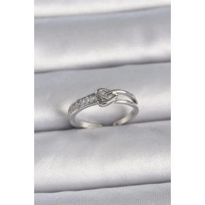 Pirinç Gümüş Renk Ayarlanabilir Zirkon Taşlı Düğüm Kalp Model Kadın Yüzük