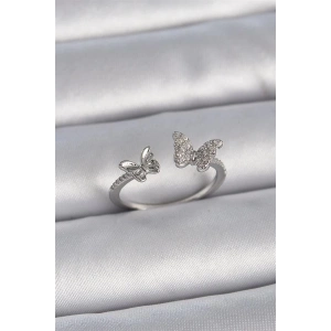 Pirinç Gümüş Renk Ayarlanabilir Zirkon Taşlı Kelebek Model Kadın Yüzük