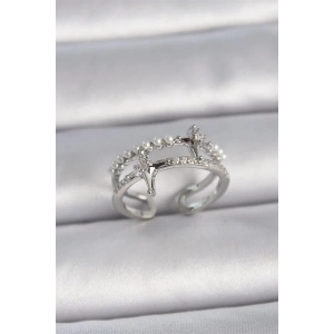 Pirinç Gümüş Renk Ayarlanabilir Zirkon Taşlı Kutup Yıldız İnci Detay Kadın Yüzük