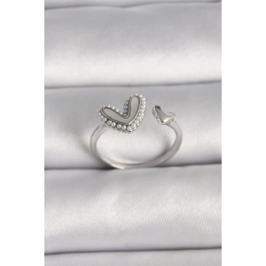 Pirinç Gümüş Renk Beyaz Mineli İnci Detaylı Kalp Model Ayarlanabilir Yüzük