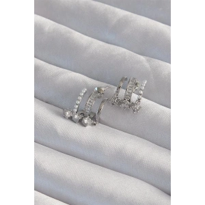 Pirinç Gümüş Renk İncili Çoklu Zirkon Taşlı Yarım Halka Küpe