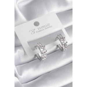 Pirinç Gümüş Renk Kare Zirkon Taşlı Kadın Küpe