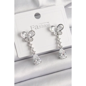 Pirinç Gümüş Renk Kelebek Model Sallantı Damla Zirkon Taşlı Kadın Küpe