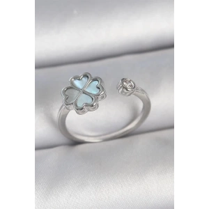 Pirinç Gümüş Renk Mavi Mineli Yonca Model Zirkon Taş Detay Ayarlanabilir Kadın Yüzük