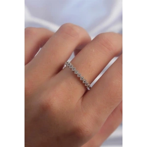 Pirinç Gümüş Renk Minimal Sıralı Zirkon Taşlı Ayarlanabilir Yüzük