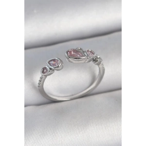 Pirinç Gümüş Renk Pembe Damla Zirkon Taşlı Ayarlanabilir Model Kadın Yüzük