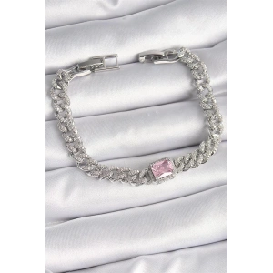 Pirinç Gümüş Renk Pembe Kare Zirkon Taşlı VIP Seri Kadın Bileklik