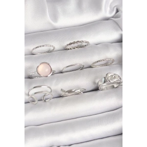 Pirinç Gümüş Renk Pembe Mineli Kemer Düğüm Figür Kadın Yüzük Kombini