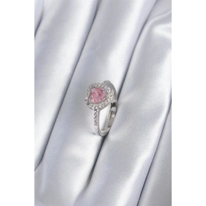 Pirinç Gümüş Renk Pembe Zirkon Taş Kalp Charm Model Kadın Yüzük