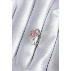 Pirinç Gümüş Renk Pembe Zirkon Taşlı Charm Model Kadın Yüzük