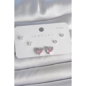Pirinç Gümüş Renk Pembe Zirkon Taşlı Kalp Model İnci Detay 925 Ayar Gümüş Çivi Kadın Küpe Seti