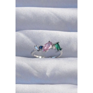 Pirinç Gümüş Renk Renkli Zirkon Taşlı Ayarlanabilir Yüzük