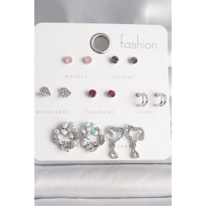 Pirinç Gümüş Renk Renkli Zirkon Taşlı Daire Çiçek Figür Sallantı Kalp Detay 7 Çift Kadın Küpe Seti