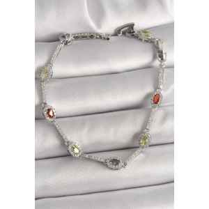 Pirinç Gümüş Renk Renkli Zirkon Taşlı Damla Taş Model Kadın Bileklik