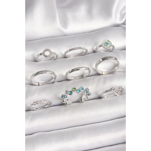 Pirinç Gümüş Renk Renkli Zirkon Taşlı Kadın Yüzük Kombini