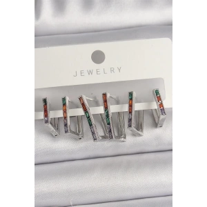 Pirinç Gümüş Renk Renkli Zirkon Taşlı Kare Model Kadın Küpe Seti