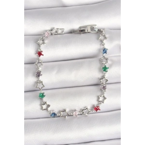 Pirinç Gümüş Renk Renkli Zirkon Taşlı Yıldız Model Kadın Bileklik