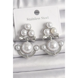 Pirinç Gümüş Renk Sallantı İncili Çapa Model Kadın Küpe