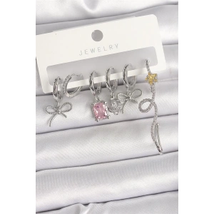 Pirinç Gümüş Renk Sallantı Kurdele Kuyruklu Yıldız Figür Pembe Kare Zirkon Taş Detay Kadın Küpe Seti