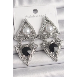 Pirinç Gümüş Renk Sallantı Üçgen Model İnci Detay Kadın Küpe