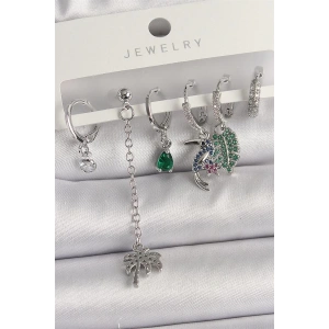 Pirinç Gümüş Renk Sallantı Zirkon Taşlı Ağaç Figür Çoklu Kadın Küpe Seti