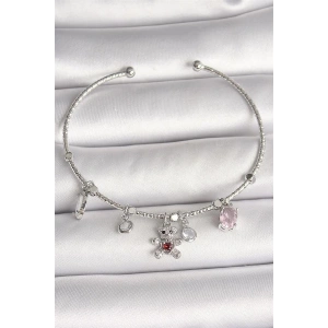Pirinç Gümüş Renk Sallantı Zirkon Taşlı Ayıcık Figür Kırmızı Taş Detay Charm Kadın Bileklik