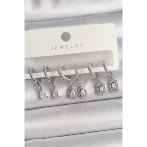 Pirinç Gümüş Renk Sallantı Zirkon Taşlı Damla Model Kadın Küpe Seti