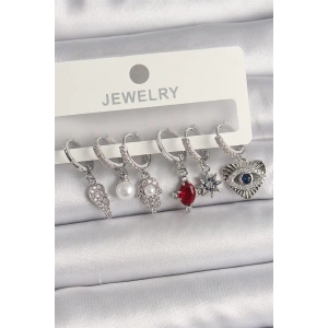 Pirinç Gümüş Renk Sallantı Zirkon Taşlı Fatma Ana El Figür Kadın Küpe Seti