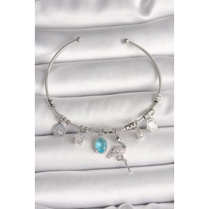 Pirinç Gümüş Renk Sallantı Zirkon Taşlı Filaminga Figür Charm Kadın Bileklik