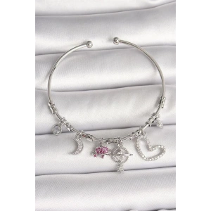 Pirinç Gümüş Renk Sallantı Zirkon Taşlı Gezegen Figür Kalp Detay Charm Kadın Bileklik