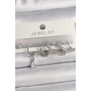 Pirinç Gümüş Renk Sallantı Zirkon Taşlı Halka Model Damla Taş Detay Kadın Küpe Seti