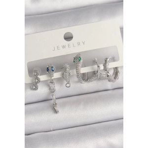 Pirinç Gümüş Renk Sallantı Zirkon Taşlı Yılan Model Kadın Küpe Seti