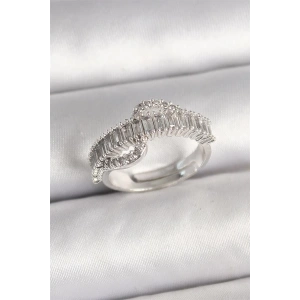 Pirinç Gümüş Renk Su Yolu Zirkon Taşlı Ayarlanabilir Model Kadın Yüzük