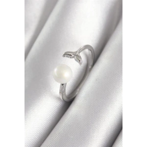 Pirinç Gümüş Renk Top İnci Figür Balık Kuyruğu Model Kadın Yüzük