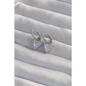 Pirinç Gümüş Renk Üçgen Zirkon Taşlı Sallantılı Halka Küpe