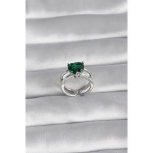 Pirinç Gümüş Renk Yeşil Zirkon Taşlı Tek Taş Model Kadın Yüzük