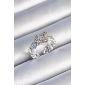 Pirinç Gümüş Renk Zincir Kordon Zirkon Taşlı Kalp Model Kadın Yüzük