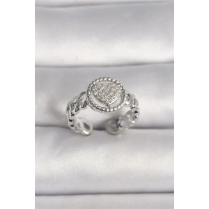 Pirinç Gümüş Renk Zincir Model Zirkon Taşlı Kalp Model Kadın Yüzük