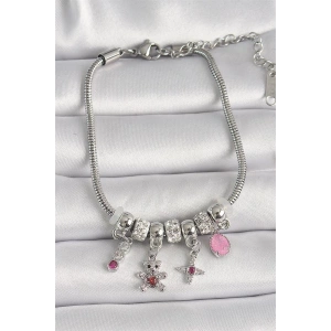 Pirinç Gümüş Renk Zincir Sallantı Zirkon Taşlı Ayıcık Figür Yıldız Detay Kadın Bileklik