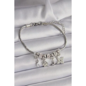 Pirinç Gümüş Renk Zincir Sallantı Zirkon Taşlı Yonca Figür Charm Bileklik