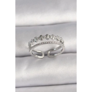 Pirinç Gümüş Renk Zirkon Taş Detaylı Ayarlanabilir Kadın Yüzük