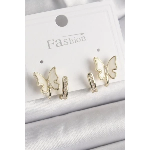 Pirinç Gümüş Renk Zirkon Taş Detaylı Beyaz Sedefli Kelebek Model Kadın Küpe