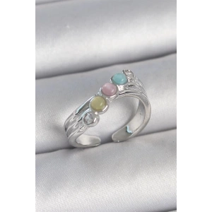 Pirinç Gümüş Renk Zirkon Taş Detaylı Renkli Mineli Ayarlanabilir Kadın Yüzük